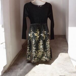 Rare Editions Velvet Black Dress Gold Floral Design Wedding Formal Christening